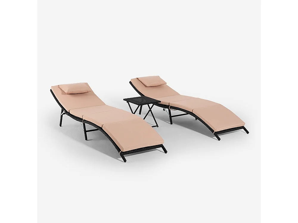 Set 2 lettini da giardino in rattan con tavolino pieghevole Lanzarote - Beige