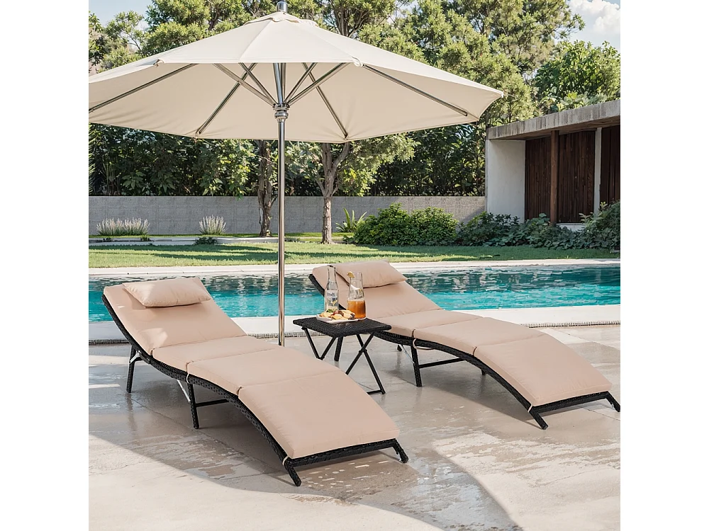 SSet aus 2 Rattan-Gartenliegen mit Klapptisch Lanzarote - Beige