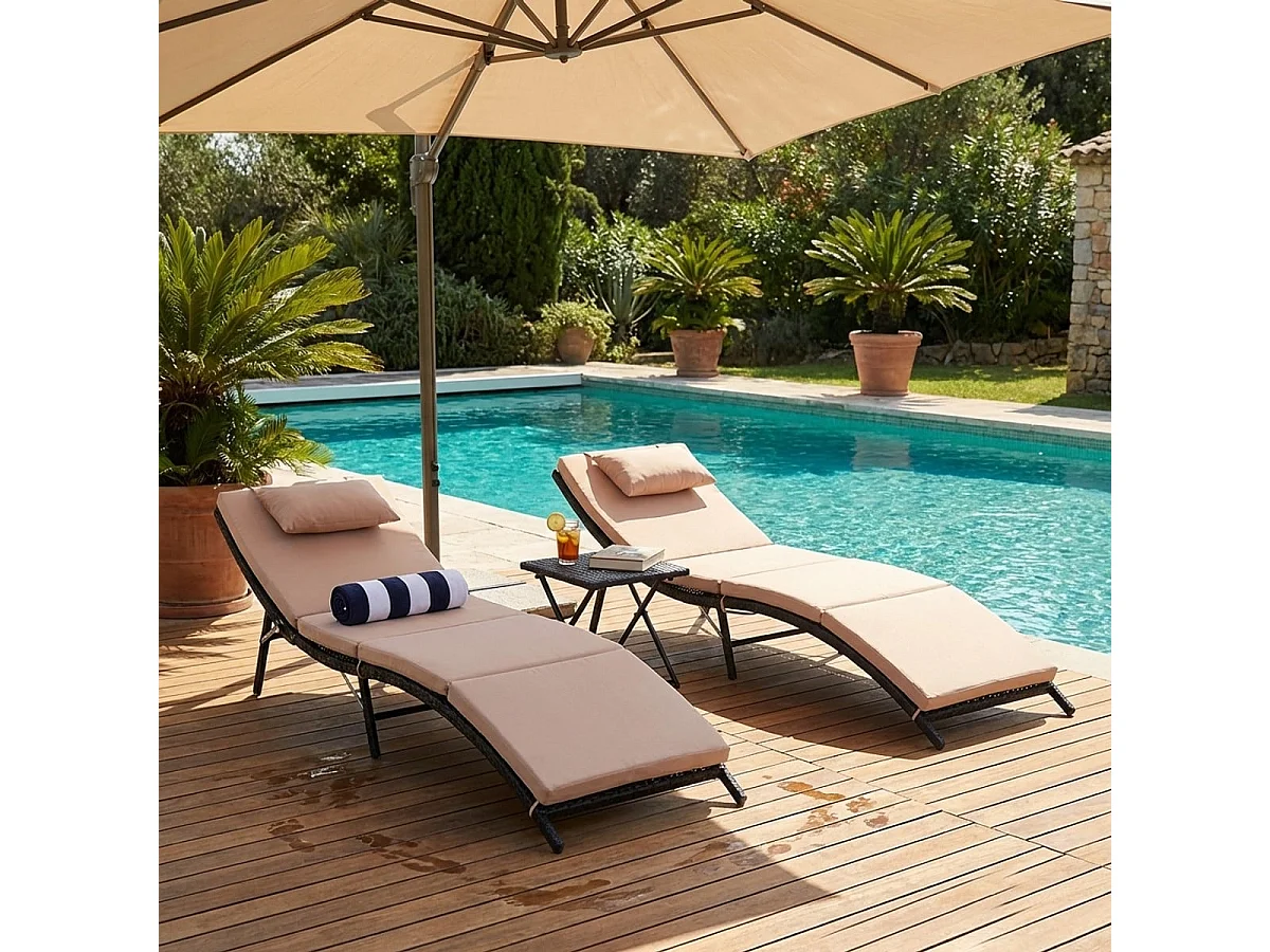 SSet aus 2 Rattan-Gartenliegen mit Klapptisch Lanzarote - Beige