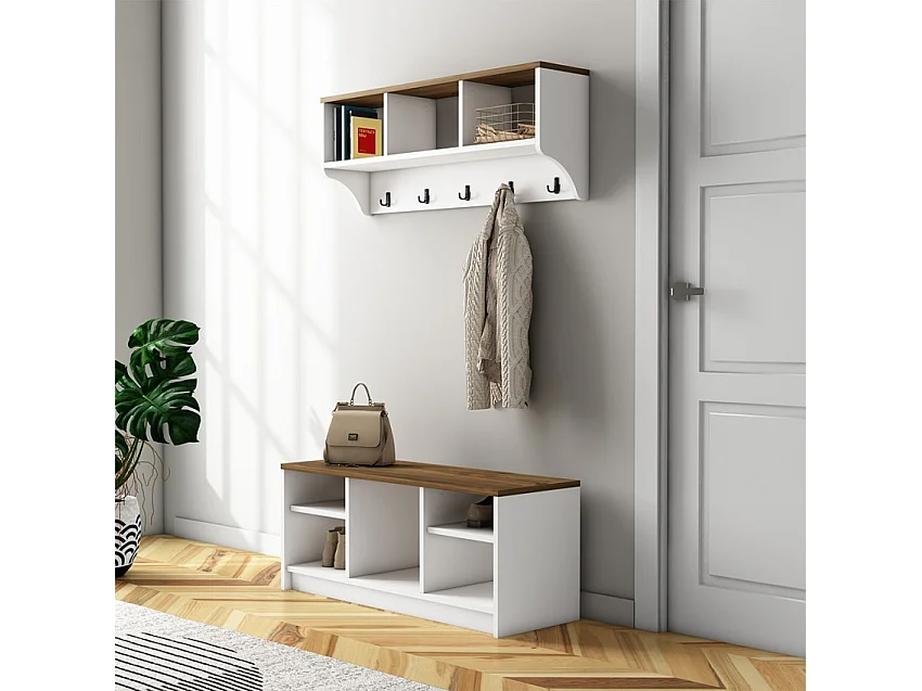 Conjunto muebles recibidor: banco zapatero y perchero de pared de madera Parson - Blanco