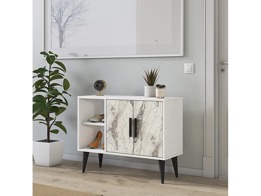 Mueble zapatero blanco moderno para recibidor y salón 90x35x70cm Arizona - Efecto mármol blanco