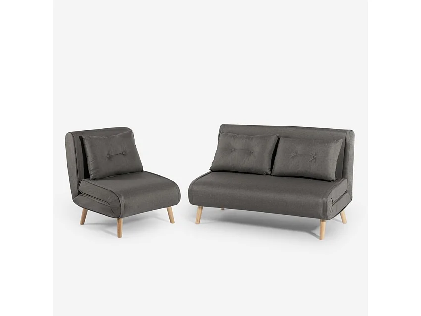 Set divano letto 2 posti scandinavo + poltrona pieghevole Sienna - Grigio Scuro