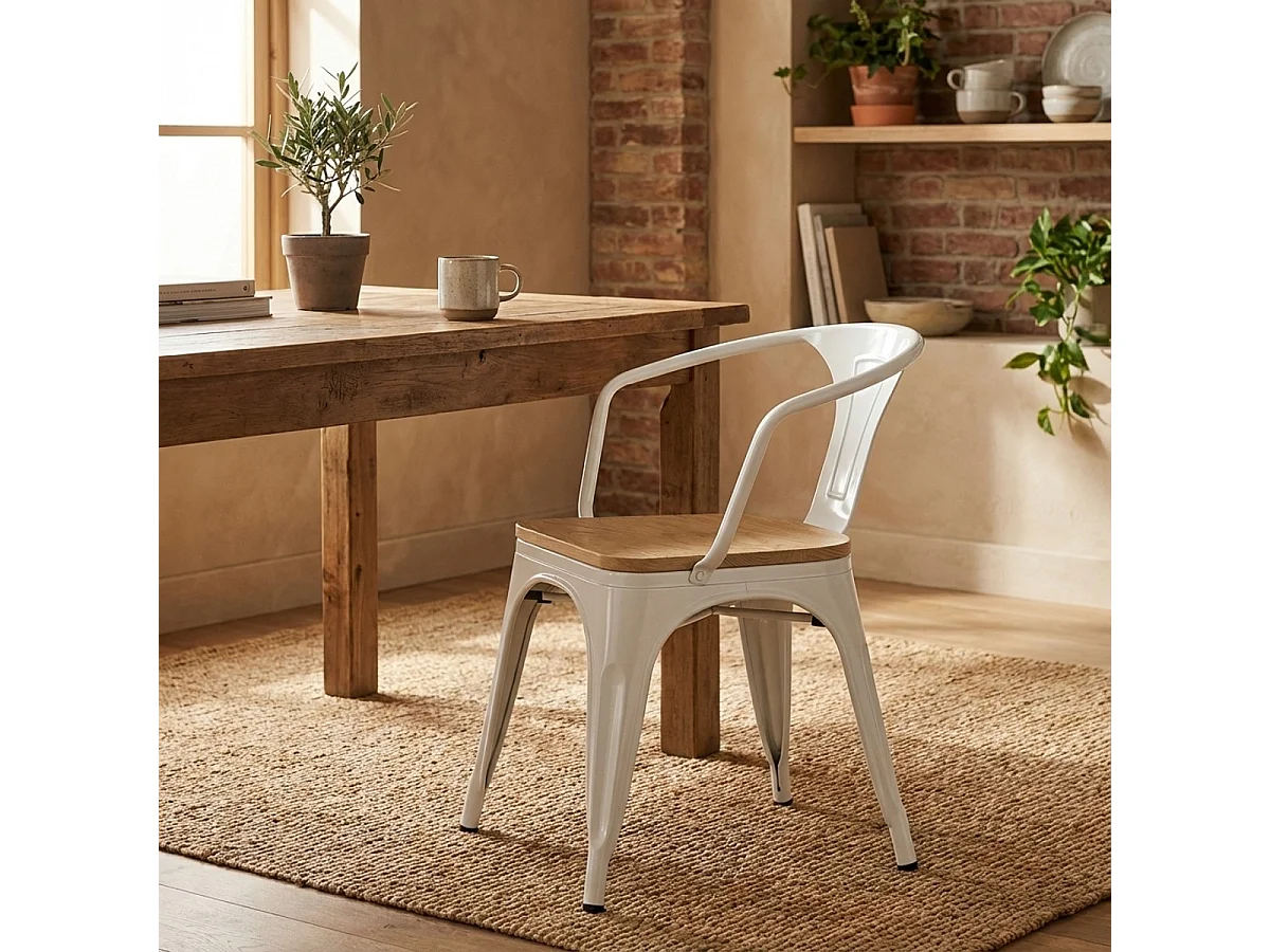 20 sillas de comedor de metal y madera estilo industrial steel wood arm light Stock - Blanco