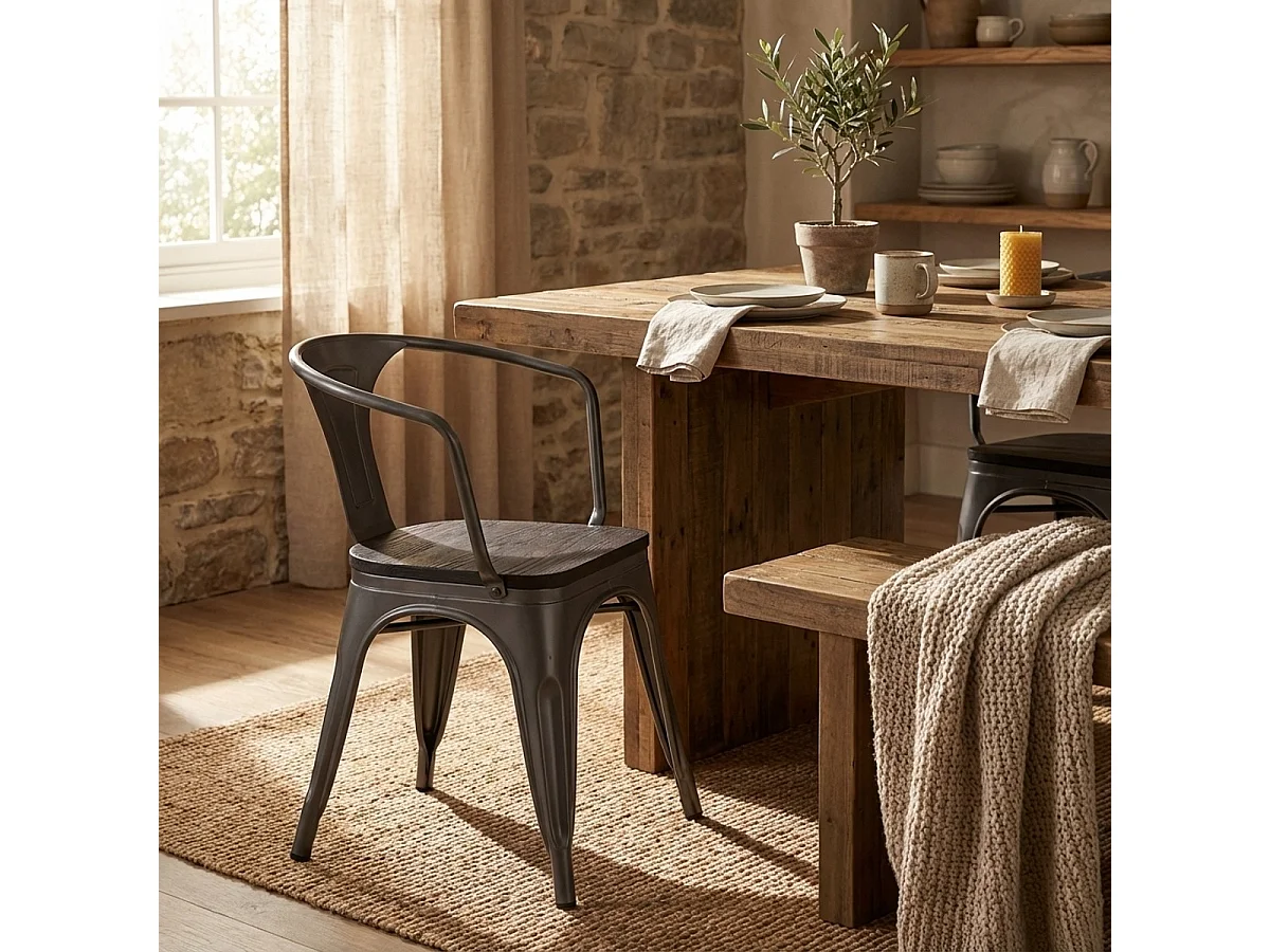 20 sillas de comedor de metal y madera estilo industrial steel wood arm Stock - Gris Oscuro