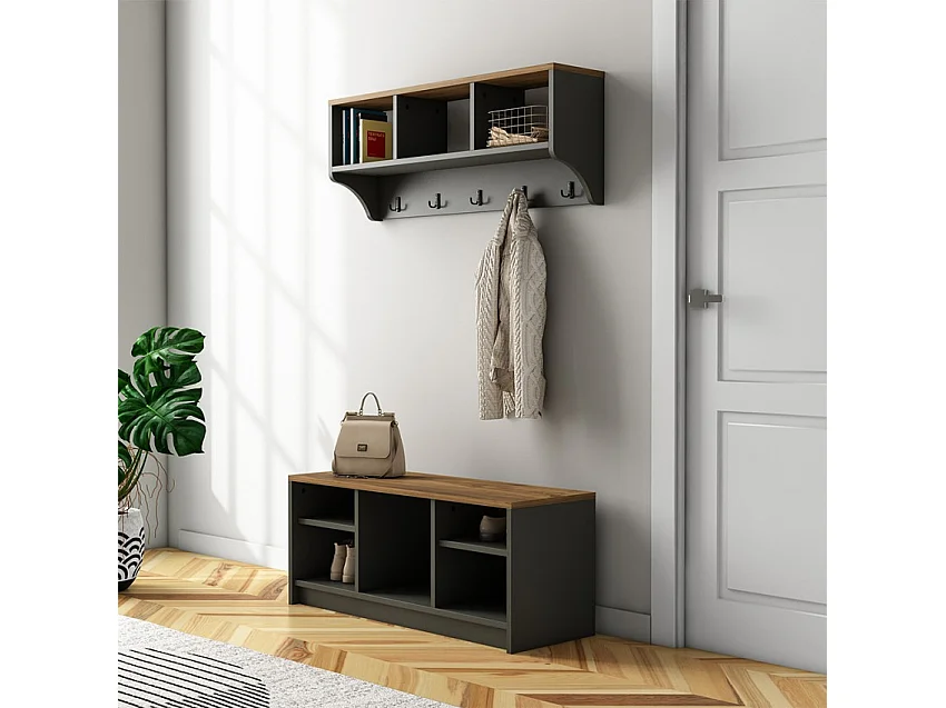 Conjunto muebles recibidor: banco zapatero y perchero de pared de madera Parson - Negro