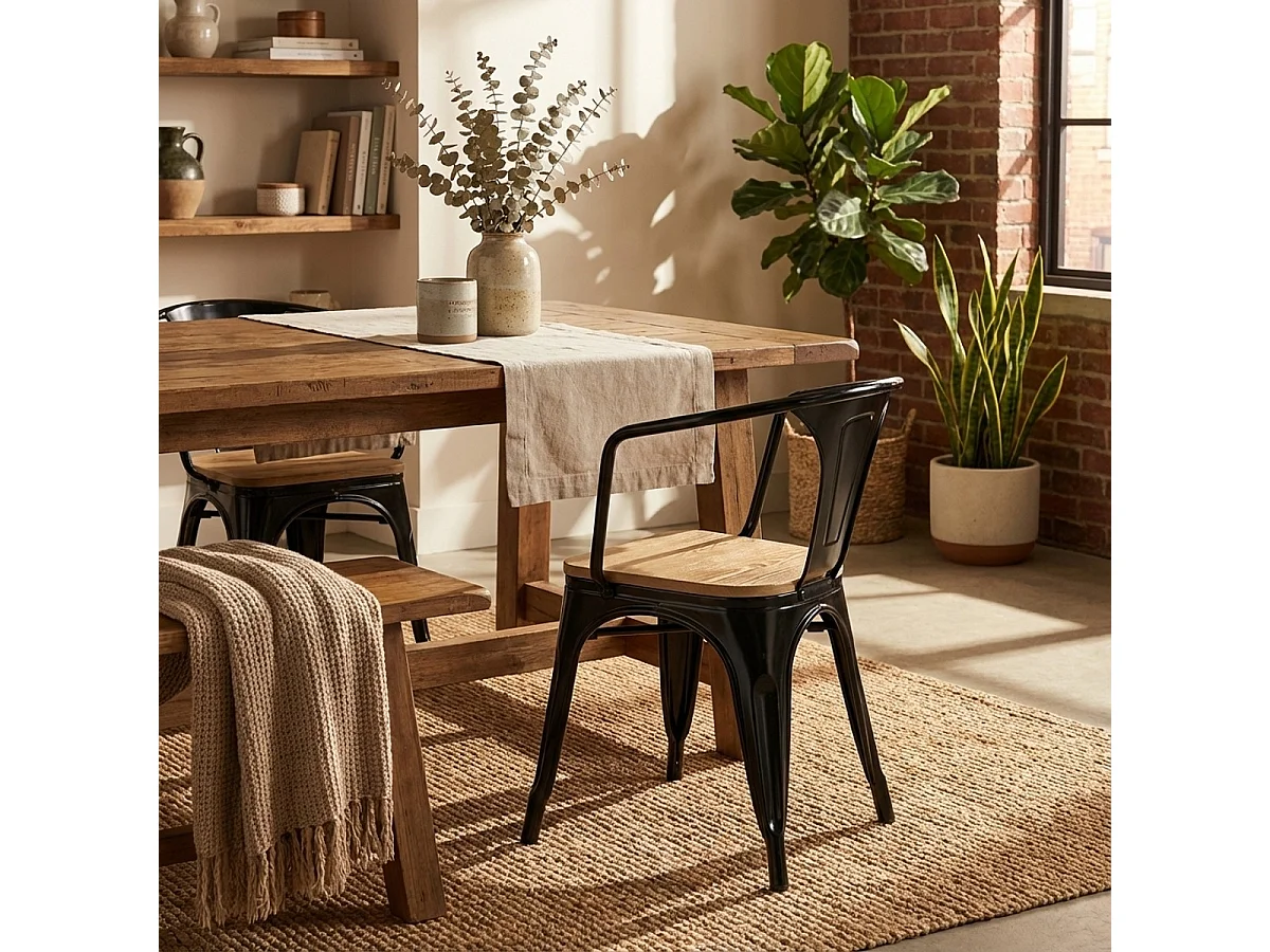 20 sillas de comedor de metal y madera estilo industrial steel wood arm light Stock - Negro