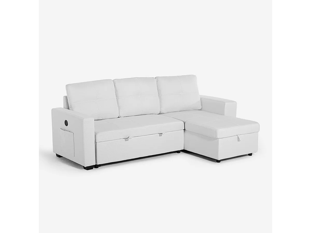 Canapé convertible 3 places avec méridienne et rangement USB-C bibliothèque Civis - Blanc