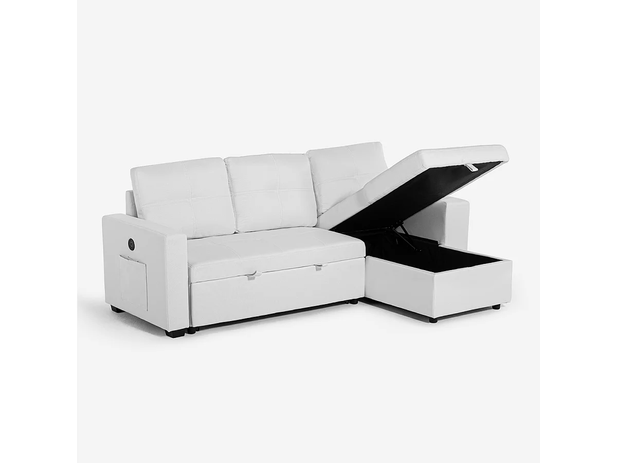 Canapé convertible 3 places avec méridienne et rangement USB-C bibliothèque Civis - Blanc