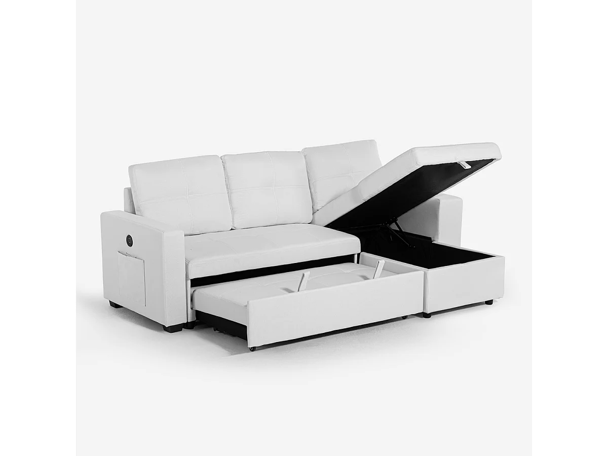 Canapé convertible 3 places avec méridienne et rangement USB-C bibliothèque Civis - Blanc