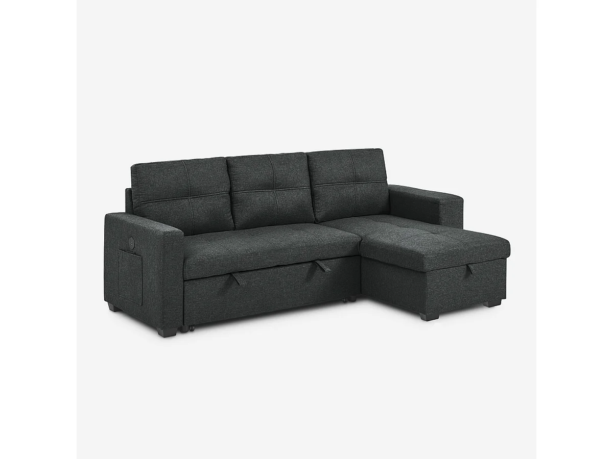 Canapé convertible 3 places avec méridienne et rangement USB-C bibliothèque Civis - Noir