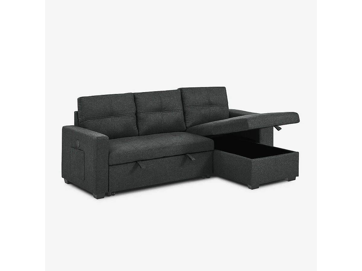 Canapé convertible 3 places avec méridienne et rangement USB-C bibliothèque Civis - Noir