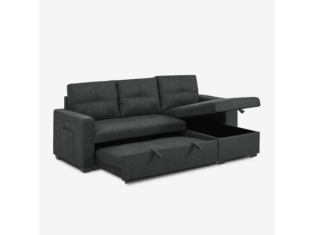 Canapé convertible 3 places avec méridienne et rangement USB-C bibliothèque Civis - Noir