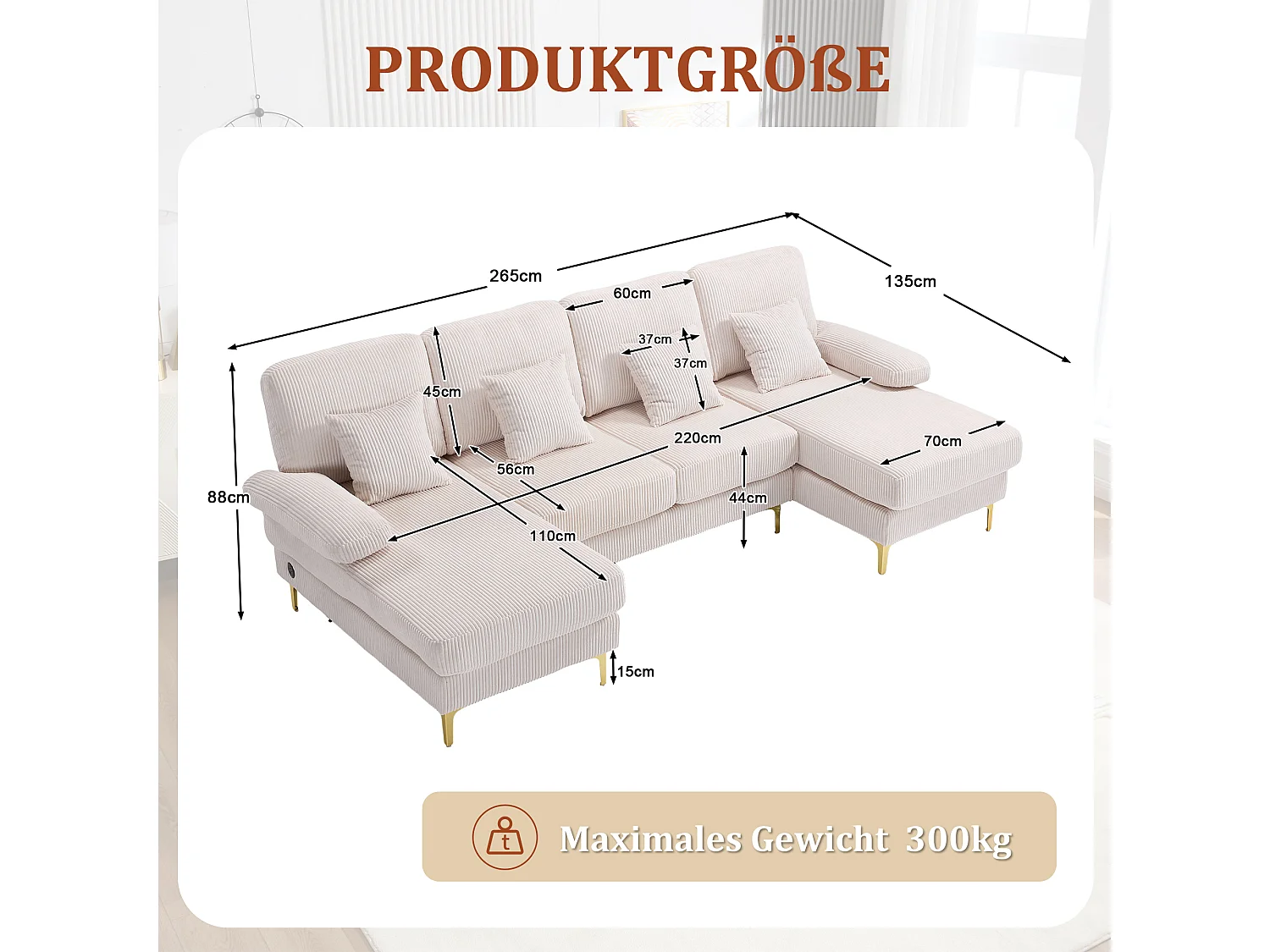 Canapé familial en U 265 x 135 cm 4 coussins inclus LED d'ambiance et USB-C design moderne velours beige