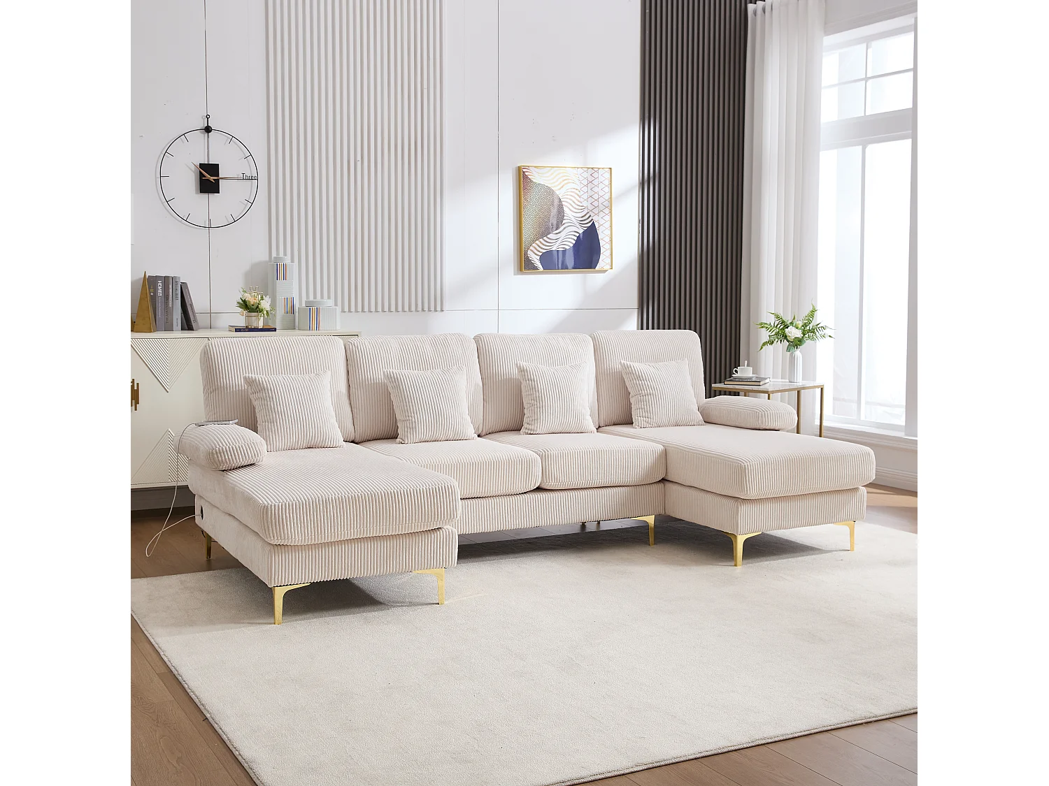 Canapé familial en U 265 x 135 cm 4 coussins inclus LED d'ambiance et USB-C design moderne velours beige