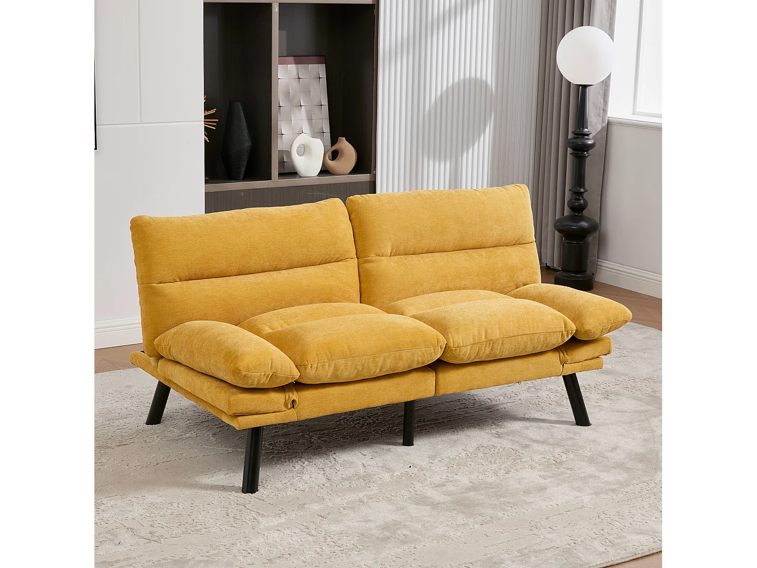 Canapé lit 165x90x76cm stabilité pieds métal robustes style contemporain chenille jaune moutarde