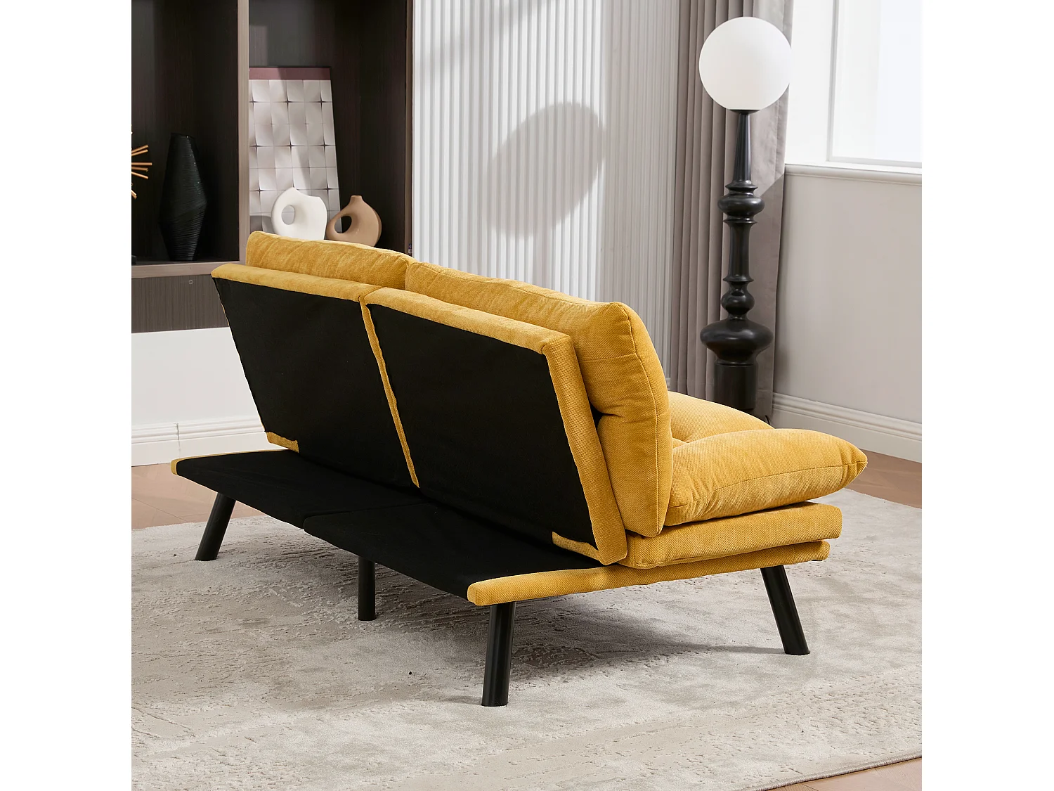Canapé lit 165x90x76cm stabilité pieds métal robustes style contemporain chenille jaune moutarde