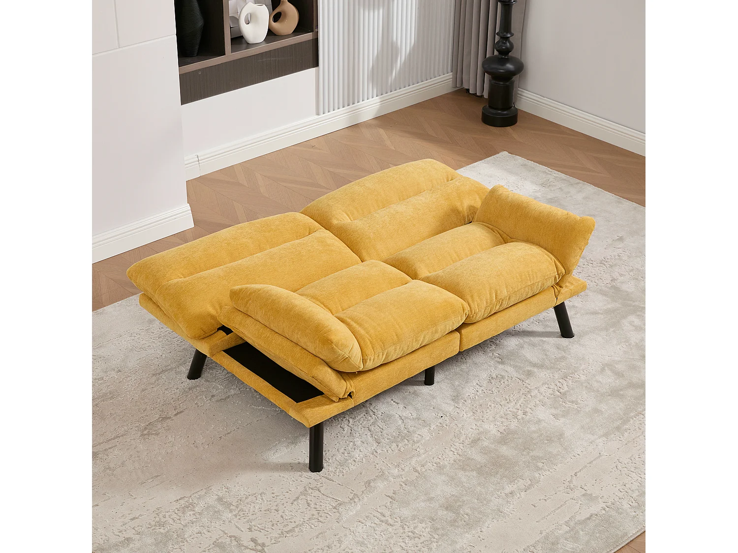 Canapé lit 165x90x76cm stabilité pieds métal robustes style contemporain chenille jaune moutarde