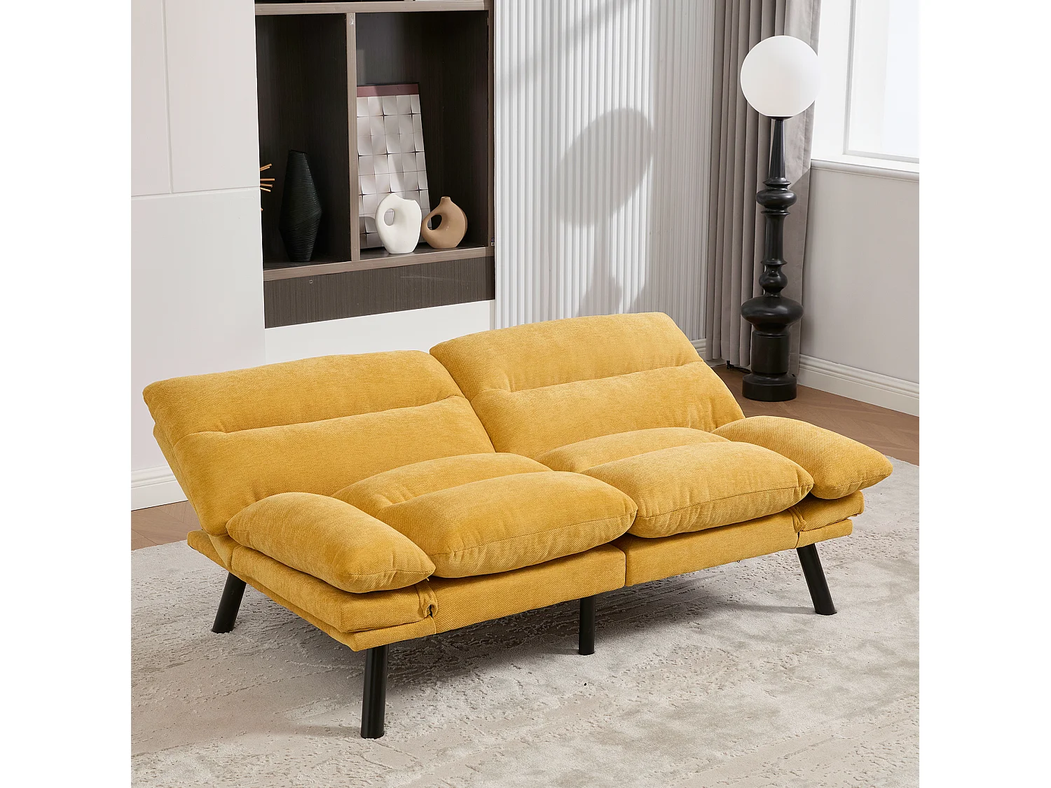 Canapé lit 165x90x76cm stabilité pieds métal robustes style contemporain chenille jaune moutarde