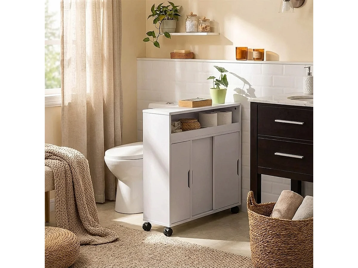 Badezimmerschrank mit Rollen, 2 Schiebetüren, Kokua - Grau