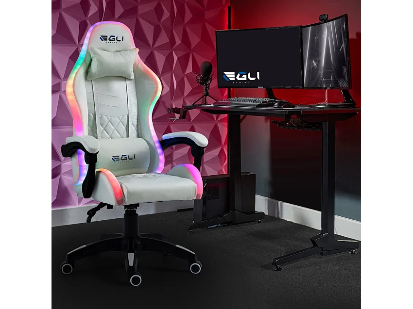 Silla gaming blanca ergonómica reclinable LED sillón con cojín Pixy