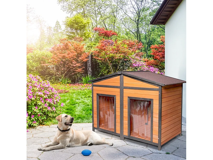 Caseta de madera exterior para perros de tamaño mediano 150x79x110 cm con doble entrada Oscar