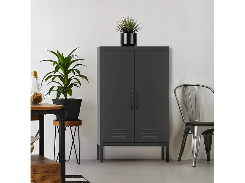 Armario de oficina de metal negro estilo industrial con 2 puertas 65x36x105 cm Colima