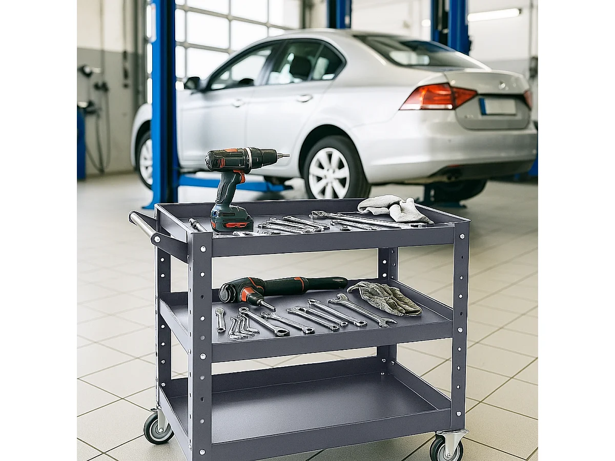 Carrito de herramientas de metal con 3 estantes y ruedas Kerey Plus - Gris