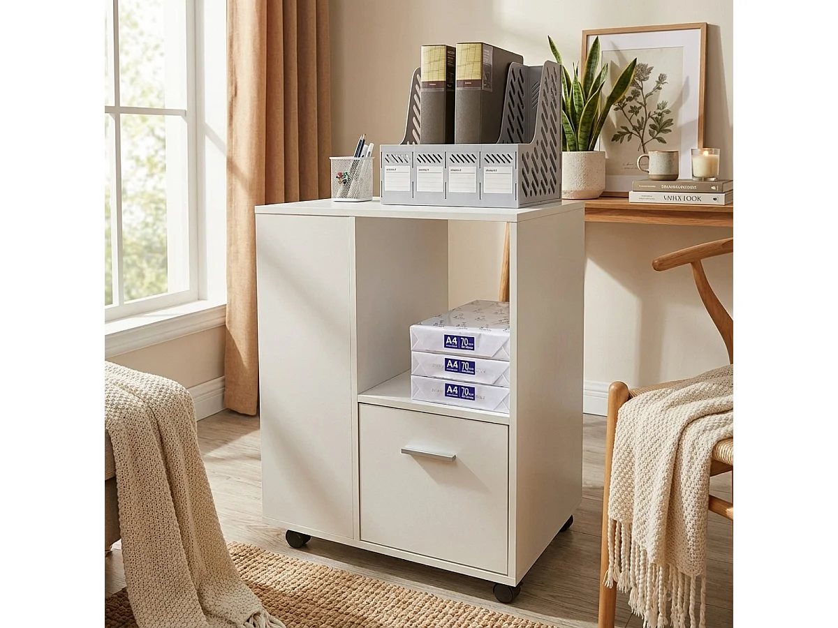 Mueble de oficina bajo con ruedas con estante para documentos Dundee - Blanco