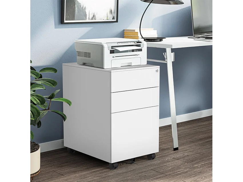 Cajonera oficina mueble archivador para escritorio, blanco con ruedas y cerradura Rolly