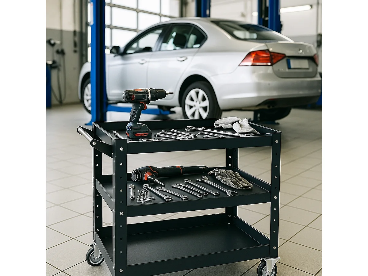 Carrito de herramientas de metal con 3 estantes y ruedas Kerey Plus - Negro