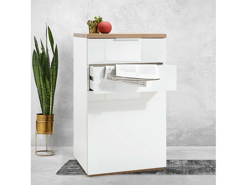 Cómoda Blanca Lúcida 2 Cajones Y 1 Puerta Con Base De Roble Natural