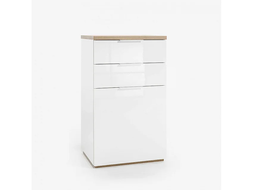 Cómoda Blanca Lúcida 2 Cajones Y 1 Puerta Con Base De Roble Natural