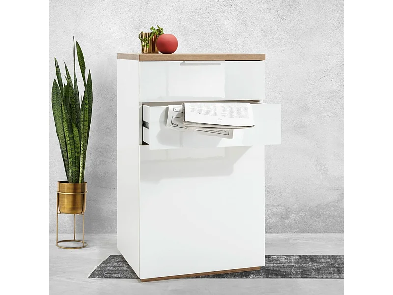 Cómoda Blanca Lúcida 2 Cajones Y 1 Puerta Con Base De Roble Natural