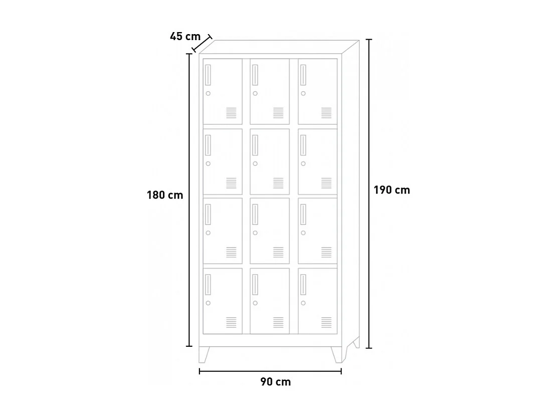 Taquillas con 12 compartimentos metálicos 90x45 H190 para vestuario con cerradura Krakatoa