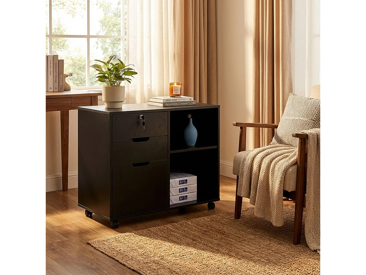 Mueble auxiliar de oficina y despacho para documentos con ruedas y cerradura Twatt - Negro