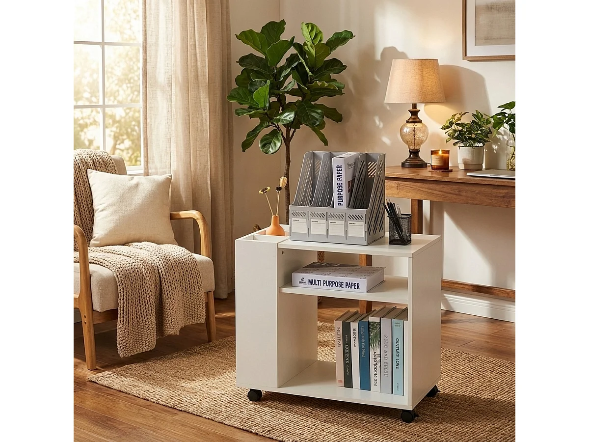 Mueble bajo de oficina y despacho con ruedas y estantes para documentos Wick - Blanco