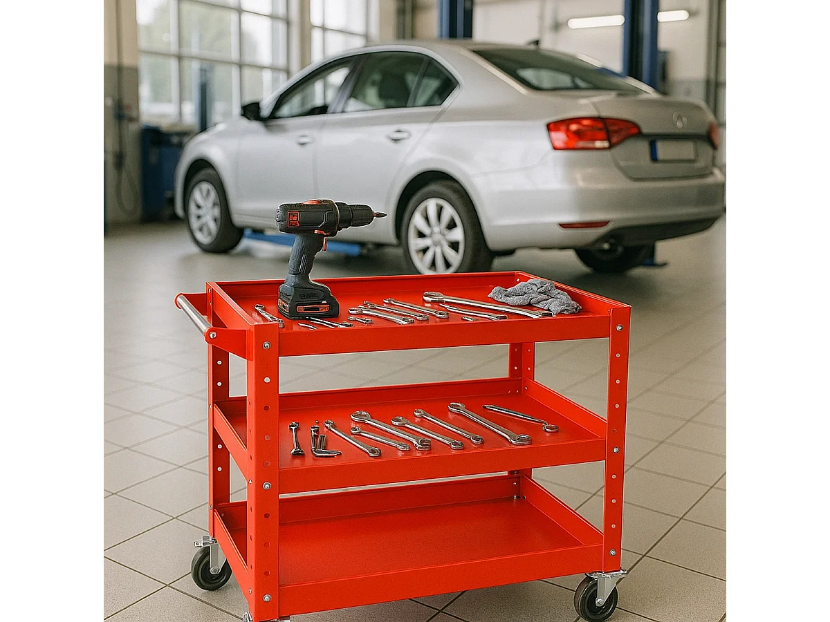 Carrito de herramientas de metal con 3 estantes y ruedas Kerey Plus - Rojo