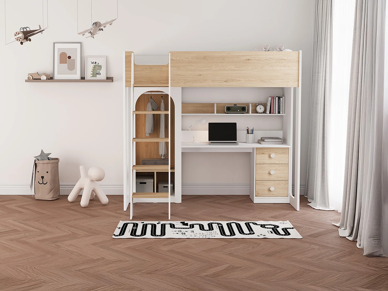 Lit mezzanine 90 x 190 cm avec penderie et bureau – Coloris : Naturel et blanc + Matelas - ALVENOU