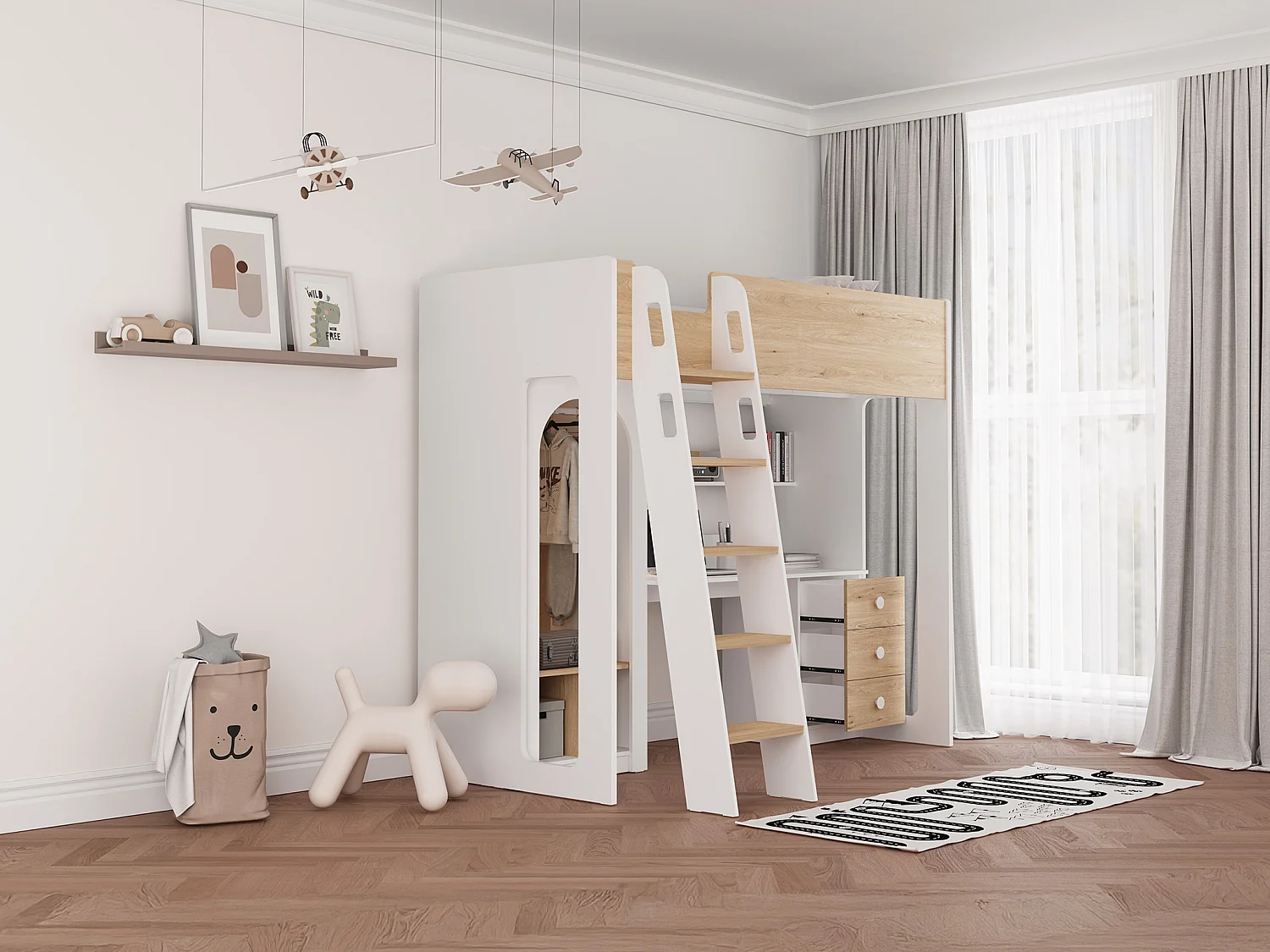 Lit mezzanine 90 x 190 cm avec penderie et bureau – Coloris : Naturel et blanc + Matelas - ALVENOU