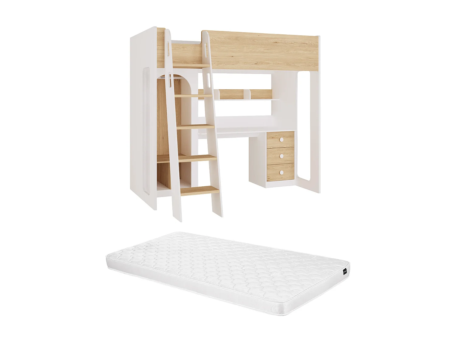 Lit mezzanine 90 x 190 cm avec penderie et bureau – Coloris : Naturel et blanc + Matelas - ALVENOU