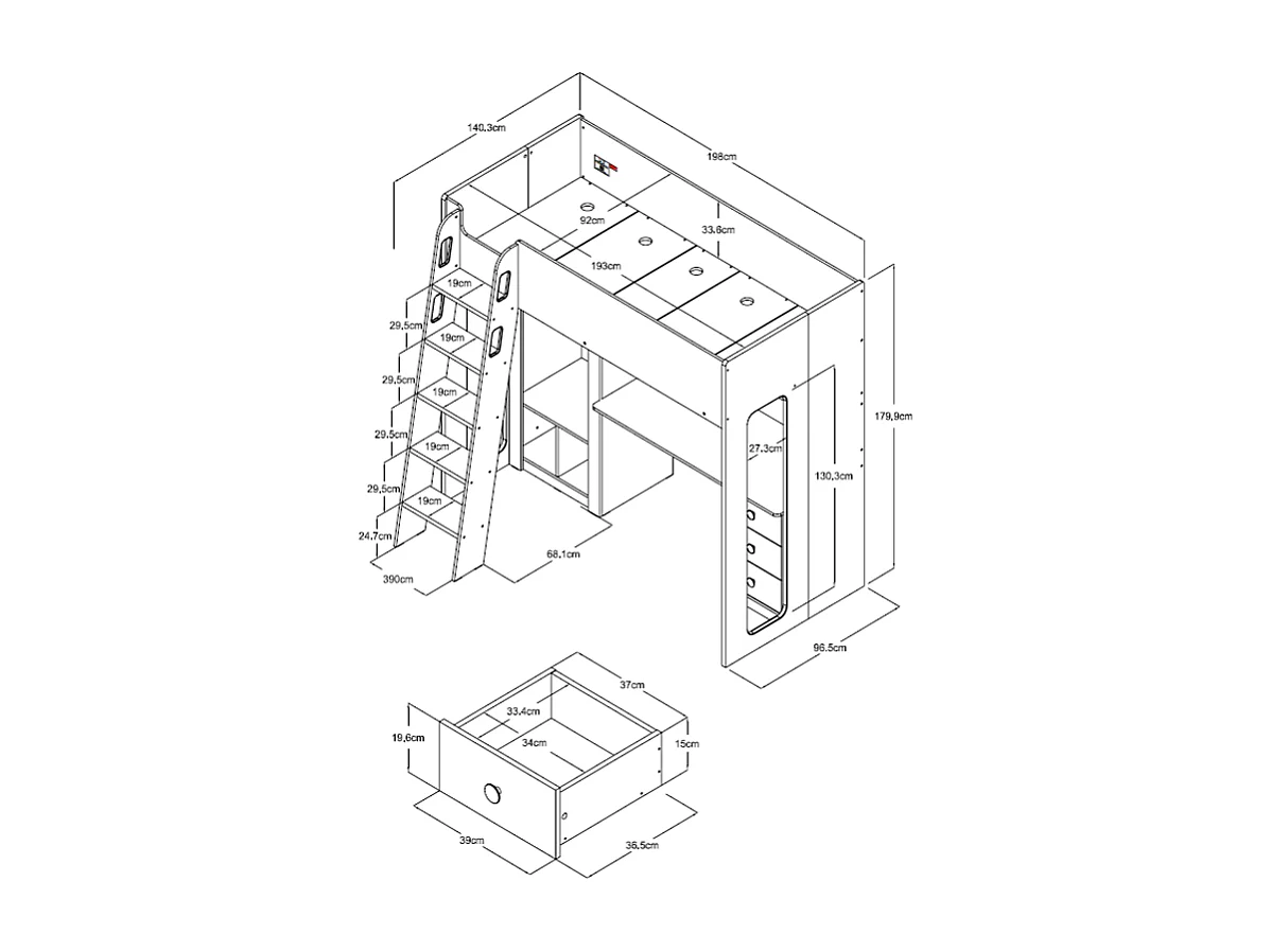 Lit mezzanine 90 x 190 cm avec penderie et bureau – Coloris : Naturel et blanc + Matelas - ALVENOU