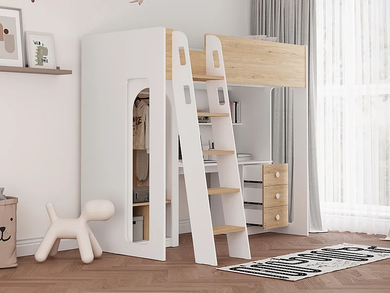 Lit mezzanine 90 x 190 cm avec penderie et bureau – Coloris : Naturel et blanc + Matelas - ALVENOU