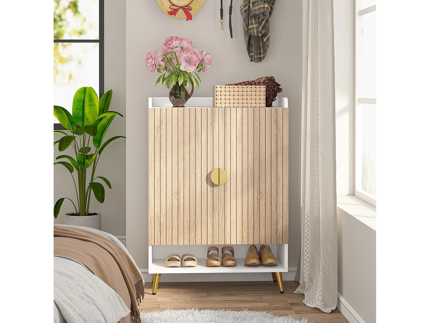 Meuble à chaussures avec portes, meuble de rangement à chaussures à 7 niveaux avec étagères réglables