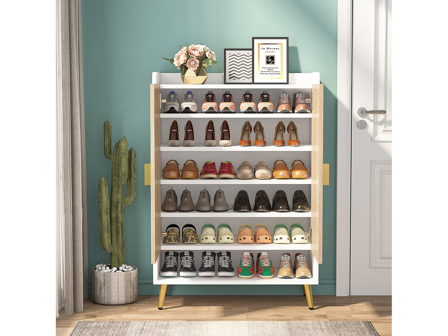 Meuble à chaussures avec portes, meuble de rangement à chaussures à 7 niveaux avec étagères réglables