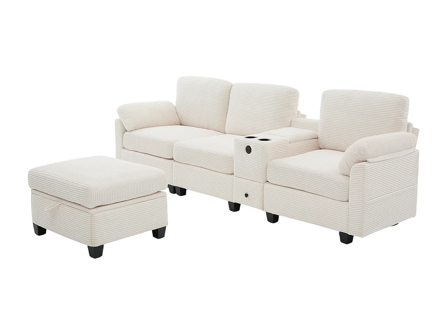 Canapé 266x136x82 cm, mousse haute densité et mousse à mémoire de forme, console centrale avec porte gobelets et USB C, corduroy beige