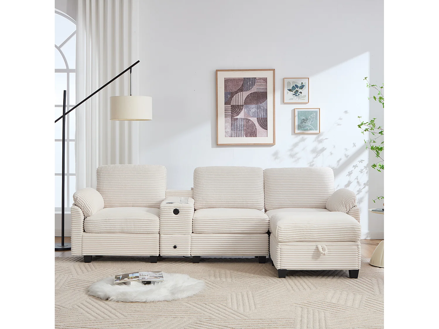 Canapé 266x136x82 cm, mousse haute densité et mousse à mémoire de forme, console centrale avec porte gobelets et USB C, corduroy beige