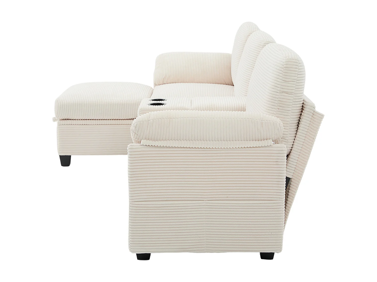 Canapé 266x136x82 cm, mousse haute densité et mousse à mémoire de forme, console centrale avec porte gobelets et USB C, corduroy beige