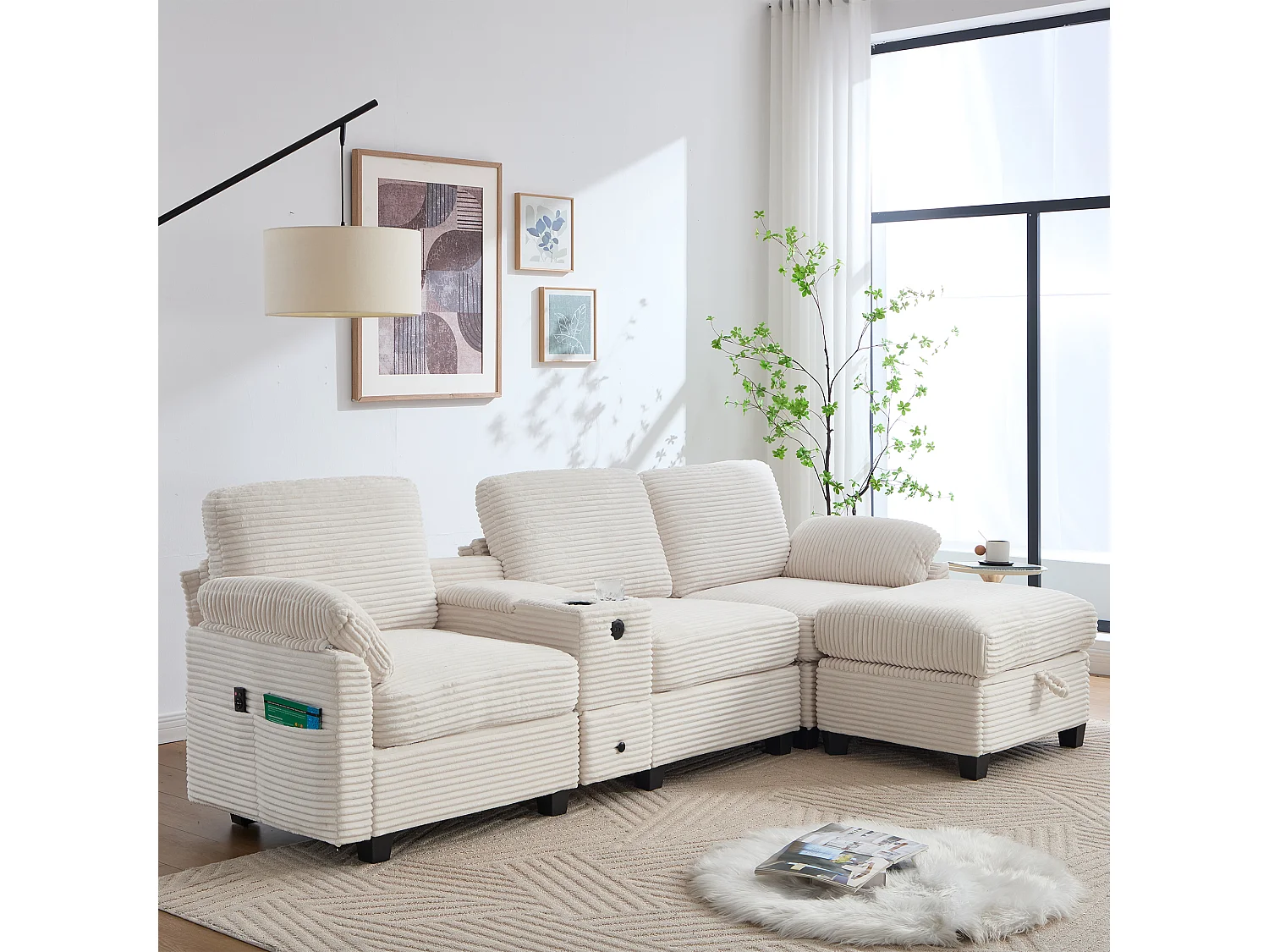 Canapé 266x136x82 cm, mousse haute densité et mousse à mémoire de forme, console centrale avec porte gobelets et USB C, corduroy beige