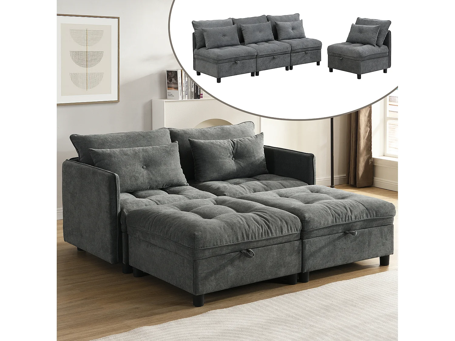 Canapé Design Modulable Multifonction Rangement Intégré Tissu Chenille Gris Antique