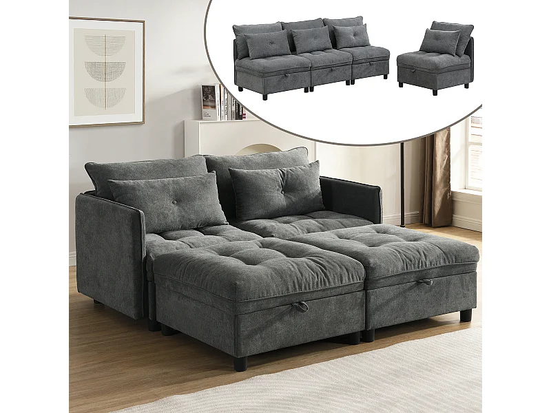 Canapé Design Modulable Multifonction Rangement Intégré Tissu Chenille Gris Antique